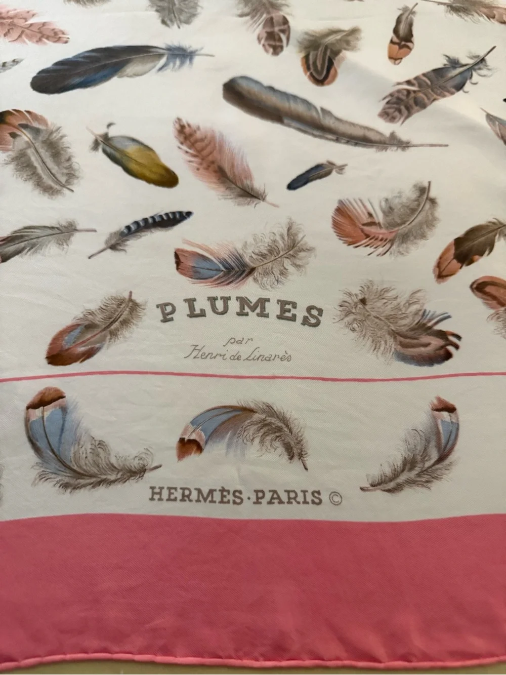 Hermès Scarf. ‘Plumes’, by Henri de Linares. 100% Silk. Made in France.